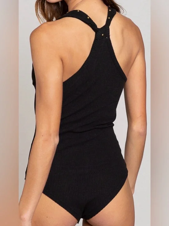 NWT POL Clothing Boho Festival Black Studded V-Neck Ribbed Tank Top Bodysuit - Picture 8 of 9
